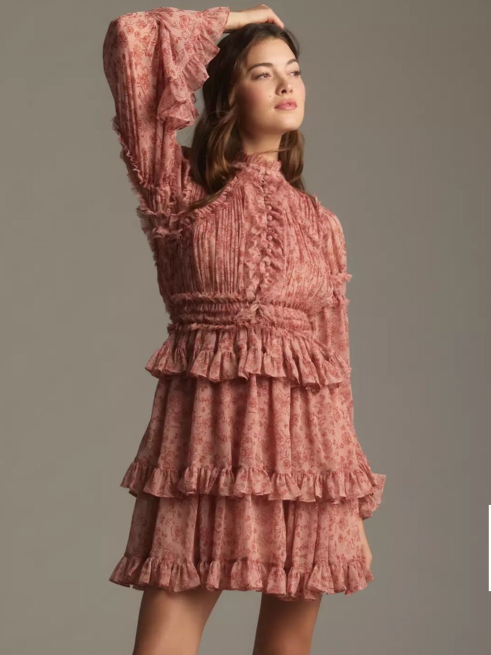 Ieena for Mac Duggal Smocked Tiered Ruffle Mini Dress in Dusty Rose
